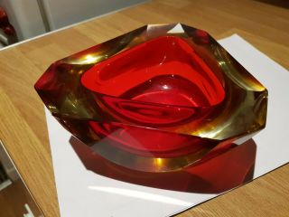 Vintage Large Murano Sommerso Cased Geode Red Amber Clear Faceted Bowl 3x6 " 17cm