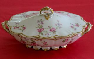 Haviland Limoges Covered Casserole Tureen Pink Roses Double Gold
