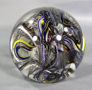 Mcm Bohemian Swirl Blown Cobalt Blue Yellow Glass Paperweight Ball Globe Sphere