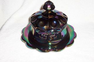 Amethyst Purple Carnival Glass Covered Domed Round Butter Dish Cherry And Cable