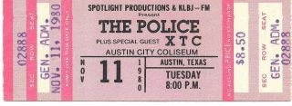 The Police Ticket Stub,  Nov 11,  1980 At Austin Coliseum