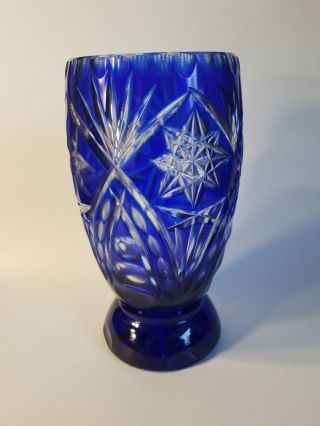 Stunning Cobalt Blue Cut To Clear Crystal Vase Bohemian 8.  5 Tall