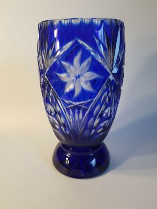 Stunning Cobalt Blue Cut to Clear Crystal Vase Bohemian 8.  5 tall 2