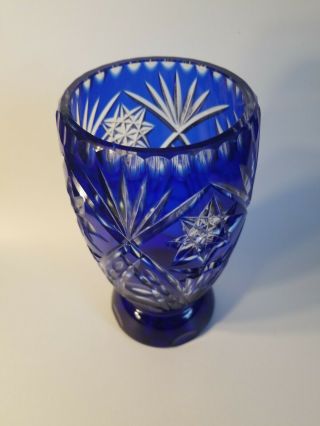 Stunning Cobalt Blue Cut to Clear Crystal Vase Bohemian 8.  5 tall 3