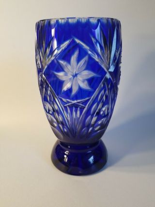 Stunning Cobalt Blue Cut to Clear Crystal Vase Bohemian 8.  5 tall 4