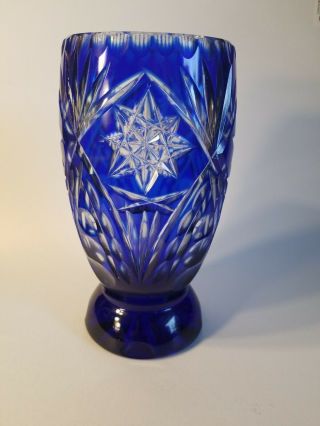 Stunning Cobalt Blue Cut to Clear Crystal Vase Bohemian 8.  5 tall 5