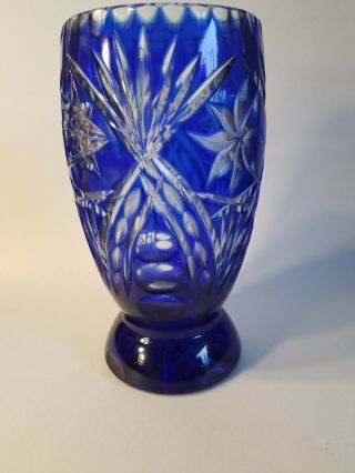 Stunning Cobalt Blue Cut to Clear Crystal Vase Bohemian 8.  5 tall 6