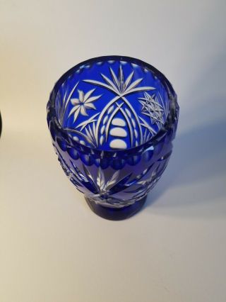 Stunning Cobalt Blue Cut to Clear Crystal Vase Bohemian 8.  5 tall 7