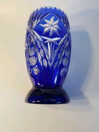 Stunning Cobalt Blue Cut to Clear Crystal Vase Bohemian 8.  5 tall 8