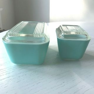 Vtg Set 2 Pyrex Refrigerator Dish Turquoise Robins Egg Blue 501 & 502 W/lids Exc