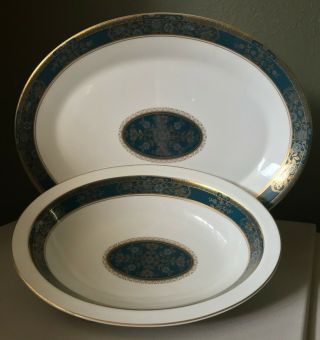 Royal Doulton Carlyle Teal Blue White And Gold Oval Platter And Serving Bowl