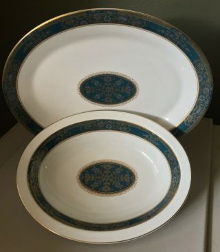 Royal Doulton Carlyle Teal Blue White and Gold Oval Platter and Serving Bowl 2