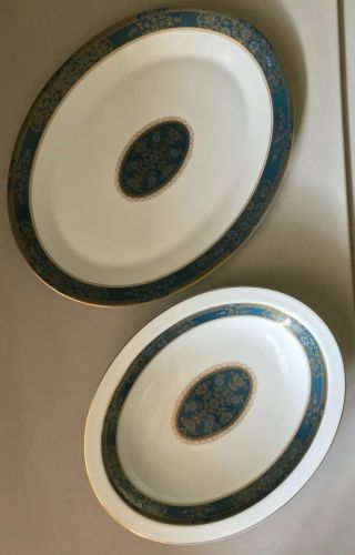 Royal Doulton Carlyle Teal Blue White and Gold Oval Platter and Serving Bowl 3