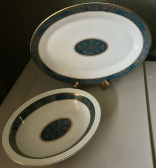 Royal Doulton Carlyle Teal Blue White and Gold Oval Platter and Serving Bowl 4