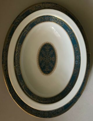 Royal Doulton Carlyle Teal Blue White and Gold Oval Platter and Serving Bowl 5