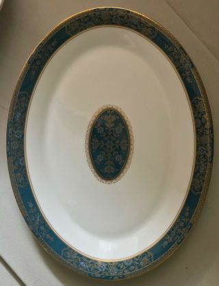 Royal Doulton Carlyle Teal Blue White and Gold Oval Platter and Serving Bowl 7