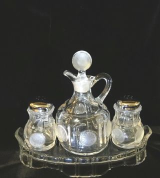 Vintage Fostoria Coin Glass Crystal Clear Condiment Set Cruet Shakers Tray Rare