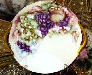Limoges Hand Painted Grapes Double Handled Cake Plate Artist Signed