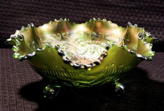 Northwood Iridescent Green Carnival Glass Footed Bowl - Wishbone Pattern 1910 