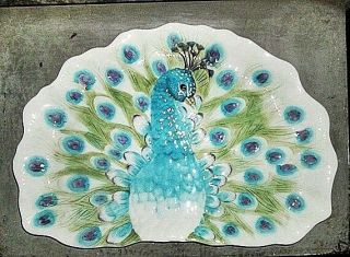 Fitz And Floyd Peacock Platter Oval Edie Rose Earthenware Blue White Feathers