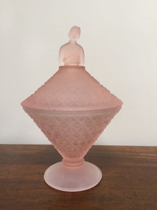 Art Deco Pink Satin Frosted Glass Figural Powder/puff Jar