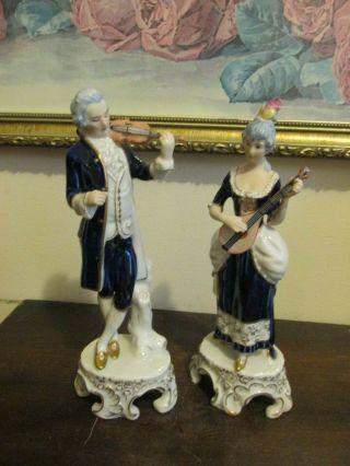Vintage Royal Dux Bohemia Set Of 2 Porcelain Figurine Cobalt Blue Musicians