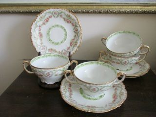 Jpl Jean Pouyat Limoges France Set Of 4 Cream Soup Cup And Saucer Roses Gold