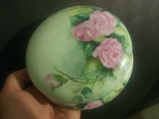 Lg.  Hand Painted Roses Tv Limoges Dresser Box Jar Wgold Gilt