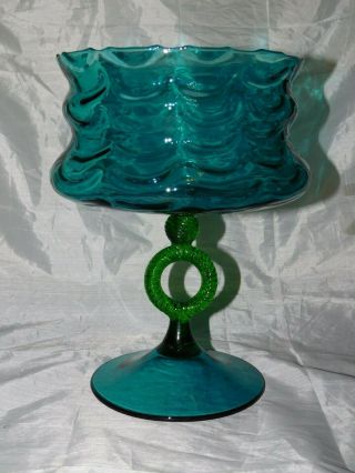 Gorgeous Venetian? Art Glass Pedestal Compote - Aqua Blue Glass And Green Stem
