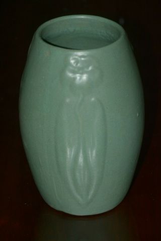 Zanesville Art Pottery Matte Green Vase With Floral Relief 8 1/2 " Tall 101