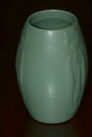 Zanesville Art Pottery Matte Green Vase with Floral Relief 8 1/2 