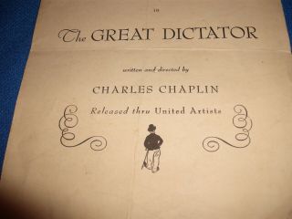 Rare 1940 The Great Dictator Charlie Chaplin Movie Program 2