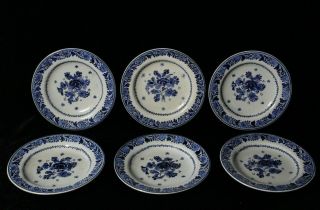 Set Of 6 Antique Blue & White Floral Porcelain Delft Plates 5 1/2 "
