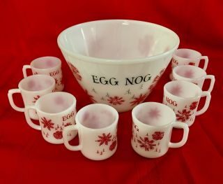 Vintage Fire King Milk Glass Cook Ware,  Egg Nog Set,  Punch Bowl,  8 Cups