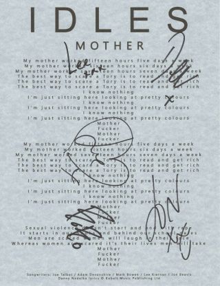 Idles Band Real Hand Signed Mother Lyric Sheet Autographed By All 5