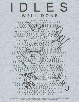 Idles Band Real Hand Signed Well Done Lyric Sheet Autographed By All 5