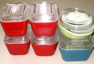 Vintage Pyrex Red Blue Green Refrigerator Dishes Lids 6 Piece Set 501 502 8 Oz