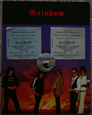Rainbow 1980 Tour Programme & 2 Newcastle Ticket Stubs With 1978 Badge Rock N 