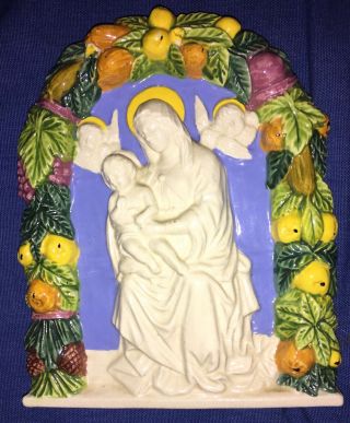 Della Robbia Majolica Wall Plaque Madonna & Child,  Angels Art Pottery Italy