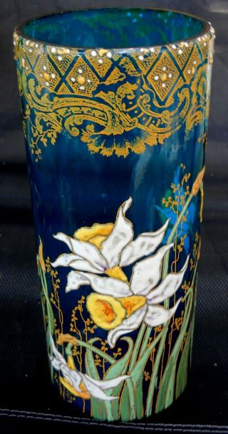 Dazzling Art Nouveau Enameled Glass Floral Cylinder Vase 9.  75 " Legras? C.  1900