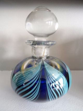 Signed Ch Chardavogne Studio Art Glass Cobalt Blue Pulled Feather Perfume Bottle