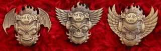 3 Hard Rock Cafe Pins Set Online 3d Winged Skull Headphone Bat Angel Flame Logo