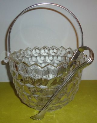 Early Fostoria American 2056 Glass Ice Bucket With Tongs & Handle - Rare
