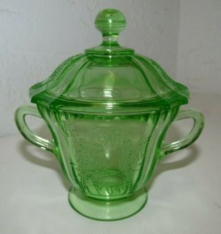 Rare Federal Sylvan Parrot Glass Green Depression Glass Covered Sugar Bowl