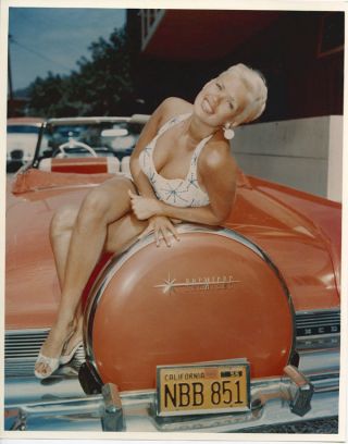 Jayne Mansfield Glamour Pin Up Pose Lincoln Premiere Convertible Car Color Photo