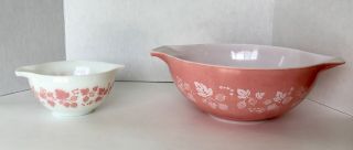 Two Vintage Pink Pyrex Gooseberry Cinderella Mixing Bowls 441 And 444 Set Of 2