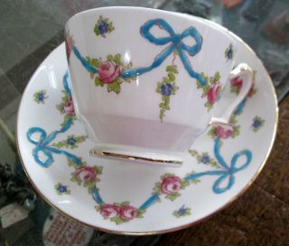 Blue Bow Crown Staffordshire Footed Cup And Saucer