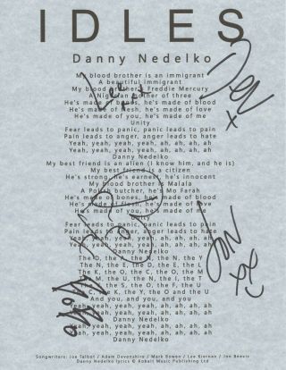 Idles Band Real Hand Signed Danny Nedelko Lyric Sheet Autographed By All 5