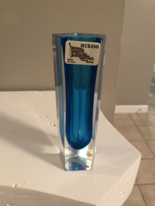 Vintage Murano Glass Pentagon Shaped Mazzega Blue Vase W/ Sticker 6” Rare