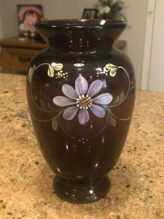 Artist Signed Fenton Dark Purple Art Glass Vase Enamel Flowers D Robinson